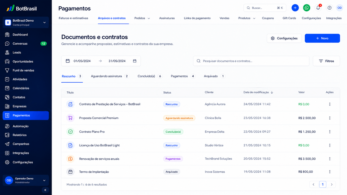Gestão de contratos digitais da BotBrasil com assinatura, arquivamento automático e fluxo no WhatsApp — BotBrasil para pedidos e cardápio digital