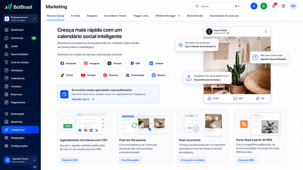 Painel de marketing da BotBrasil com gestão de redes sociais, campanhas e relatórios de conversão — BotBrasil para lojas físicas (moda, joias, calçados)
