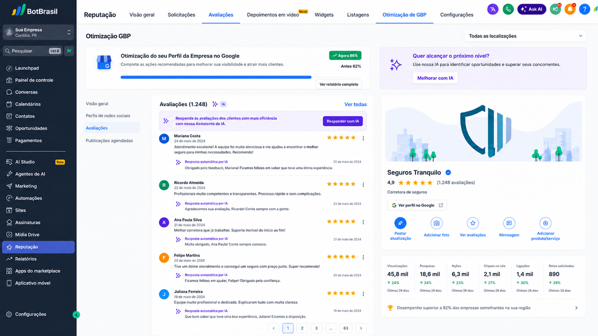 Painel de reputação online da BotBrasil com avaliações do Google, NPS e respostas automáticas — BotBrasil para lojas físicas (moda, joias, calçados)